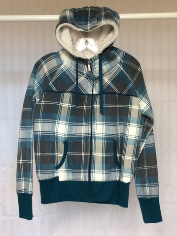 Women's teal & gray plaid lined zip-up hoodie (Streetwear Society) - XL